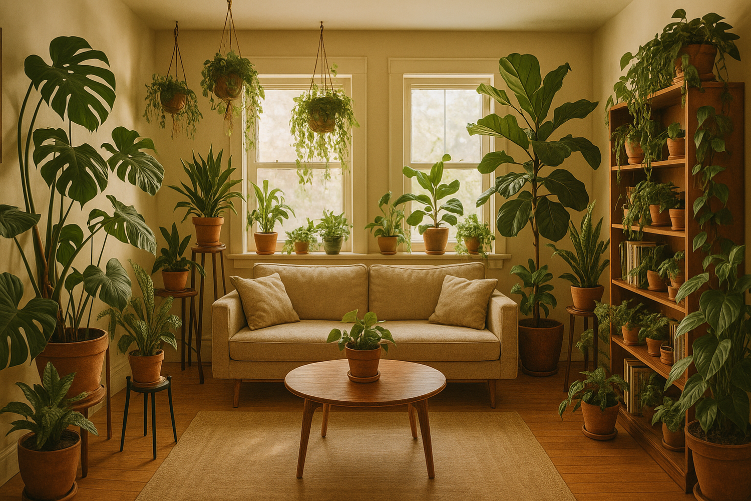 Wohnzimmer mit vielen verschiedenen grünpflnazen