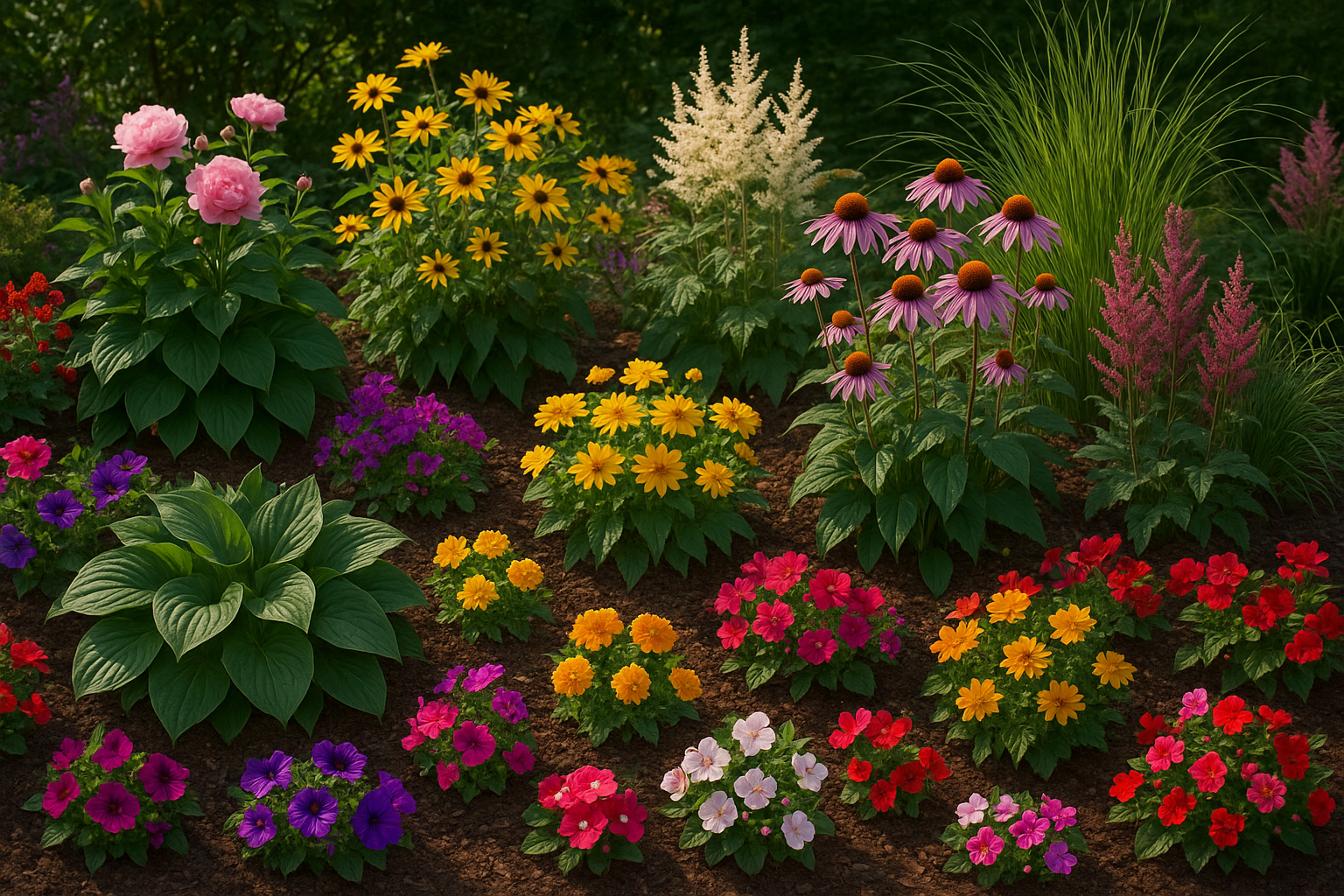 Das Bild soll einen realistischen Garten zeigen, in welchem verschiedene Blumen und Stauden wachsen.